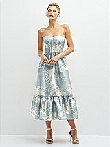Front View Thumbnail - Porcelain Blue Seraphina Floral Floral Satin Strapless Midi Corset Dress with Lace-Up Back & Ruffle Hem