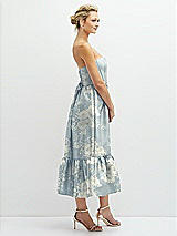 Side View Thumbnail - Porcelain Blue Seraphina Floral Floral Satin Strapless Midi Corset Dress with Lace-Up Back & Ruffle Hem
