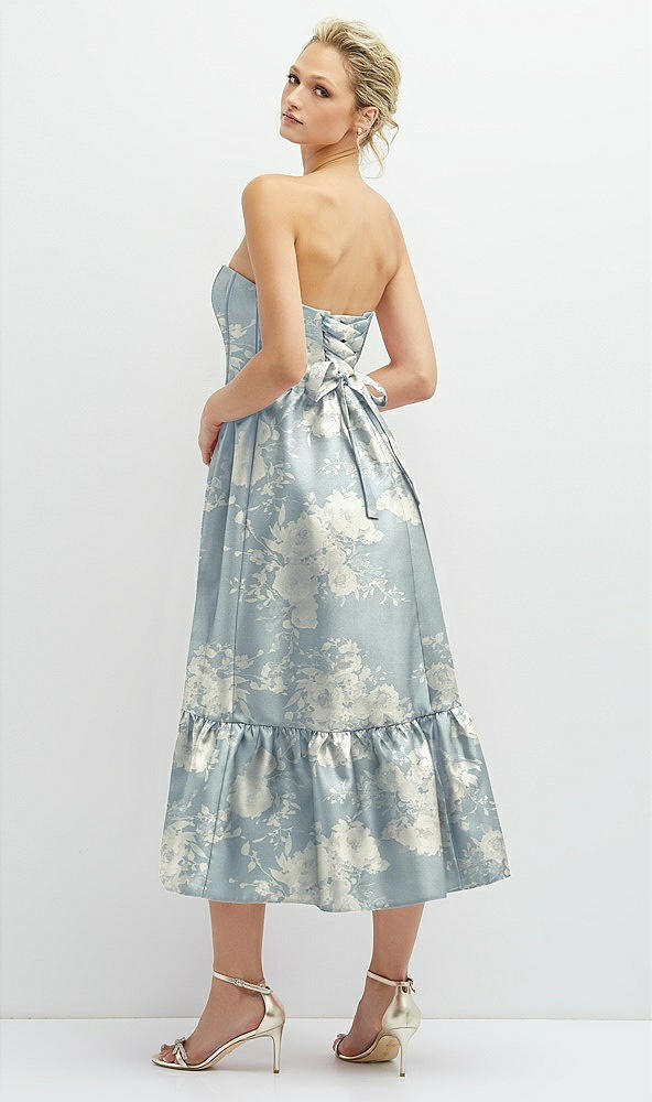 Back View - Porcelain Blue Seraphina Floral Floral Satin Strapless Midi Corset Dress with Lace-Up Back & Ruffle Hem