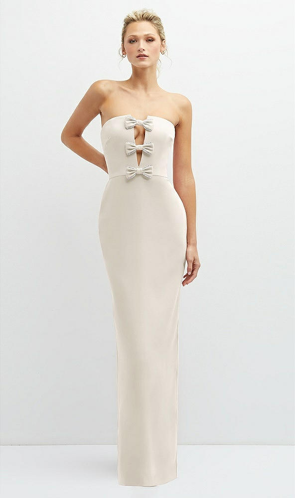 Front View - Ivory Rhinestone Bow Trimmed Peek-a-Boo Deep-V Maxi Dress with Pencil Skirt
