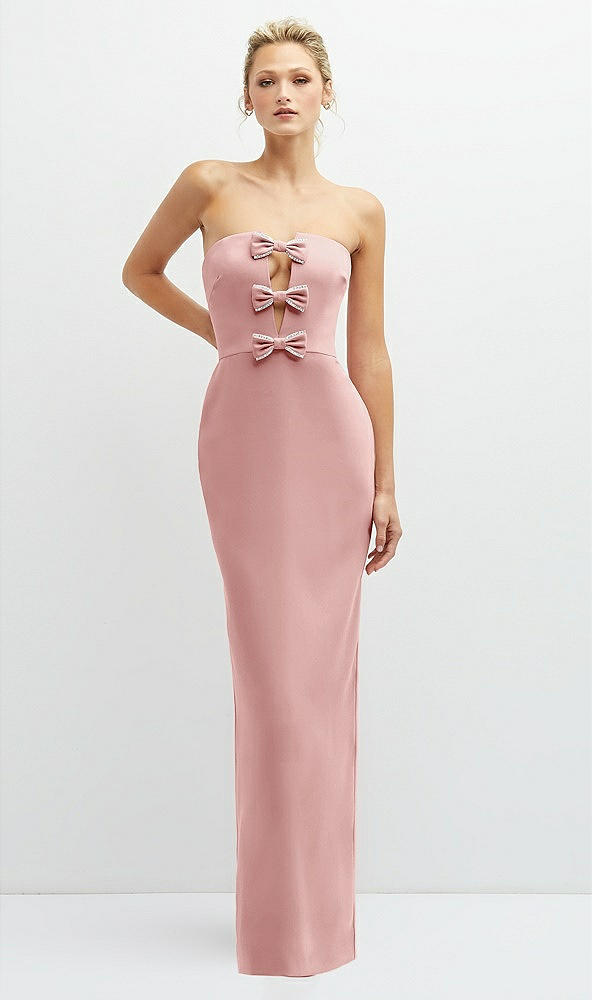 Front View - Rose Rhinestone Bow Trimmed Peek-a-Boo Deep-V Maxi Dress with Pencil Skirt