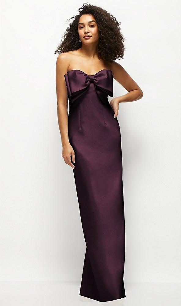 Front View - Deep Plum Strapless Satin Column Maxi Dress with Oversized Handcrafted Bow