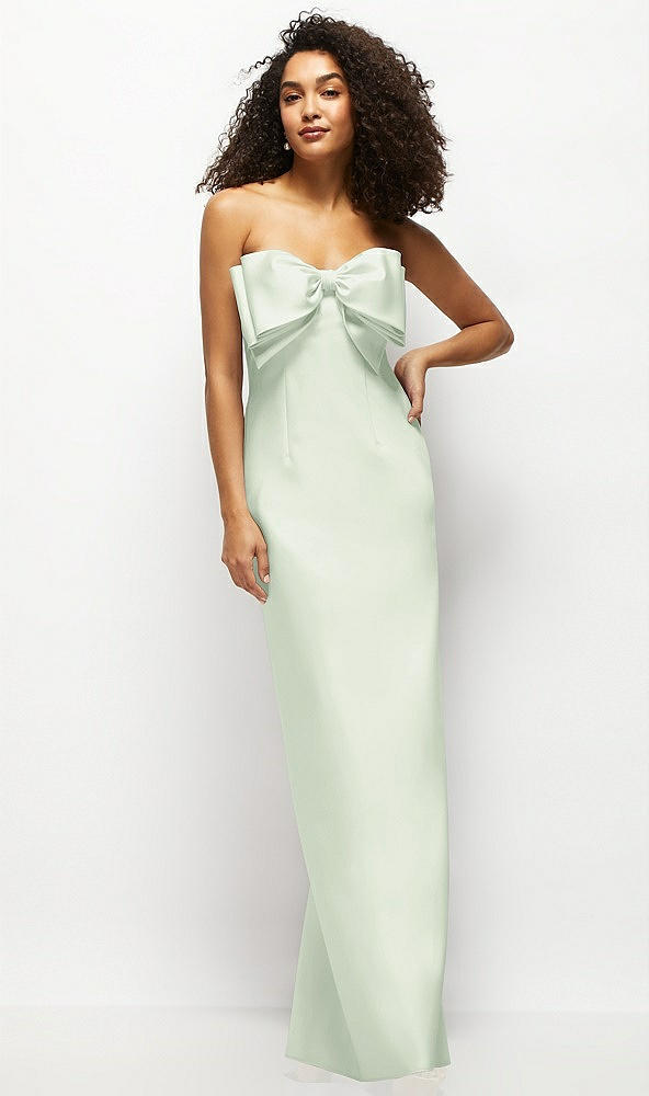Front View - Mint Green Strapless Satin Column Maxi Dress with Oversized Handcrafted Bow