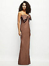 Side View Thumbnail - Cognac Strapless Satin Column Maxi Dress with Oversized Handcrafted Bow