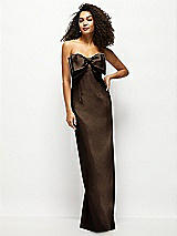 Front View Thumbnail - Espresso Strapless Satin Column Maxi Dress with Oversized Handcrafted Bow