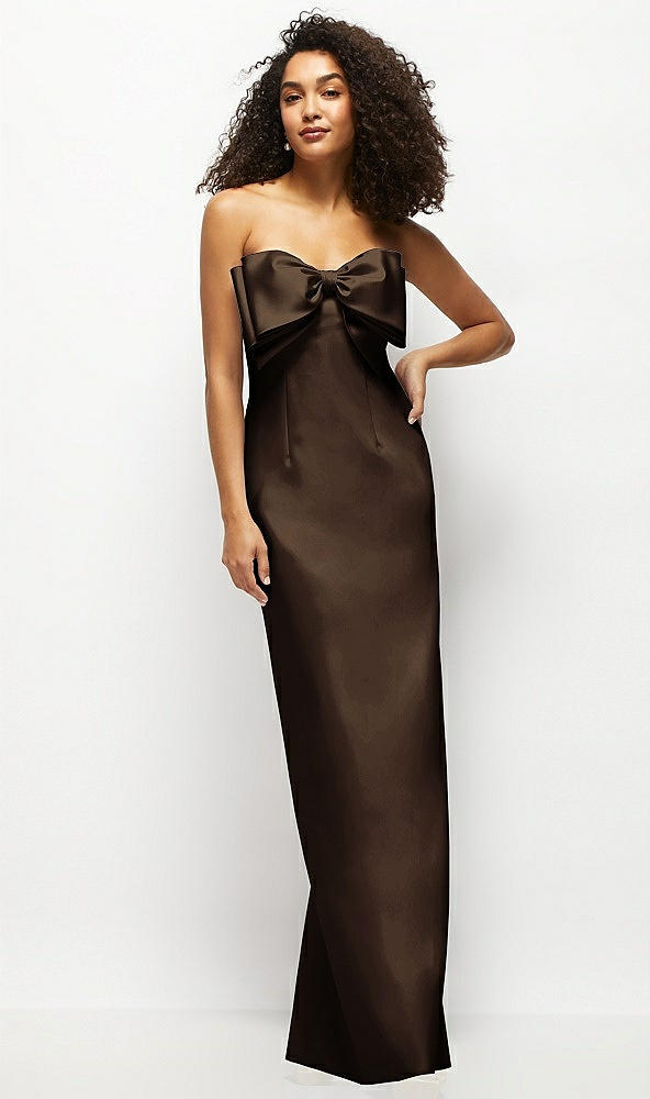 Front View - Espresso Strapless Satin Column Maxi Dress with Oversized Handcrafted Bow