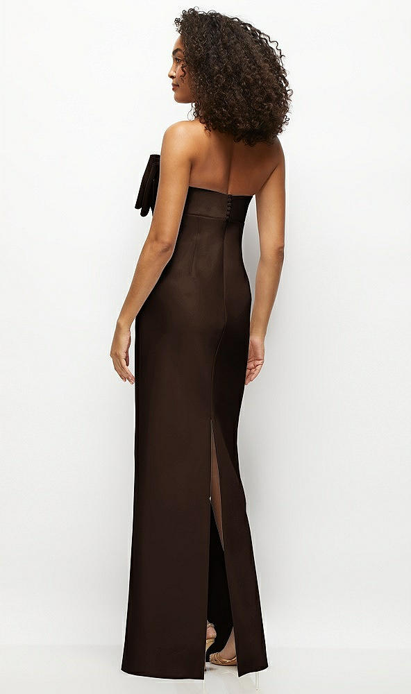 Back View - Espresso Strapless Satin Column Maxi Dress with Oversized Handcrafted Bow