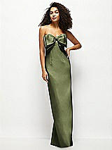 Front View Thumbnail - Olive Green Strapless Satin Column Maxi Dress with Oversized Handcrafted Bow