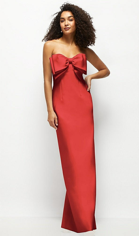 Front View - Poppy Red Strapless Satin Column Maxi Dress with Oversized Handcrafted Bow