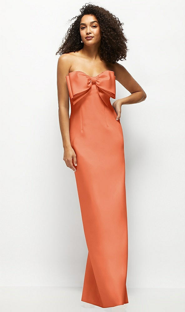 Front View - Portofino Orange Strapless Satin Column Maxi Dress with Oversized Handcrafted Bow