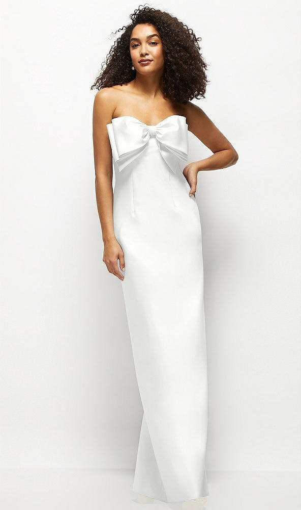 Front View - White Strapless Satin Column Maxi Dress with Oversized Handcrafted Bow