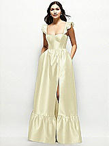Front View Thumbnail - Butter Yellow Satin Corset Maxi Dress with Ruffle Straps & Skirt