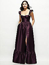 Front View Thumbnail - Deep Plum Satin Corset Maxi Dress with Ruffle Straps & Skirt