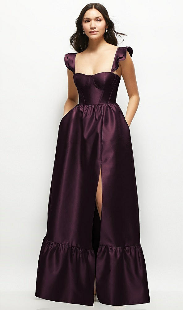Front View - Deep Plum Satin Corset Maxi Dress with Ruffle Straps & Skirt