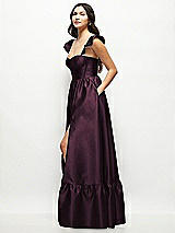 Side View Thumbnail - Deep Plum Satin Corset Maxi Dress with Ruffle Straps & Skirt