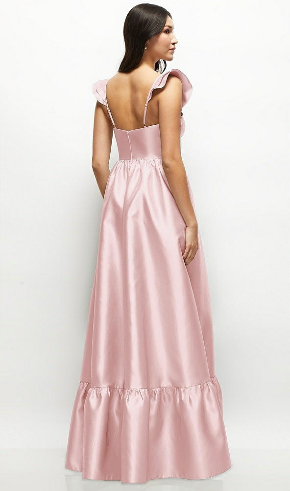 Back View - Ballet Pink Satin Corset Maxi Dress with Ruffle Straps & Skirt