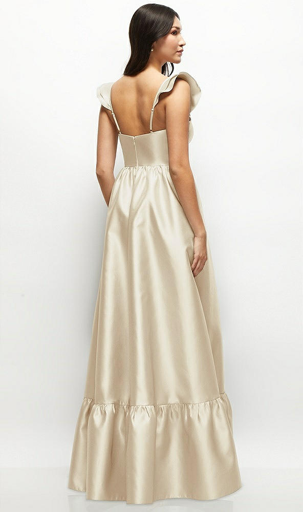 Back View - Champagne Satin Corset Maxi Dress with Ruffle Straps & Skirt