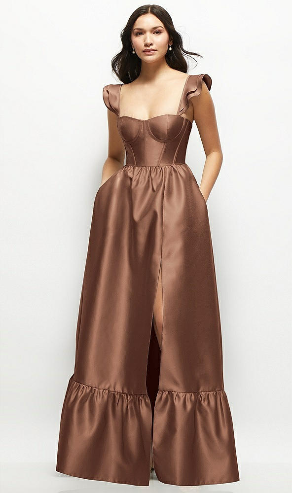 Front View - Cognac Satin Corset Maxi Dress with Ruffle Straps & Skirt