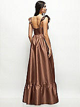 Rear View Thumbnail - Cognac Satin Corset Maxi Dress with Ruffle Straps & Skirt