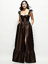 Front View Thumbnail - Espresso Satin Corset Maxi Dress with Ruffle Straps & Skirt
