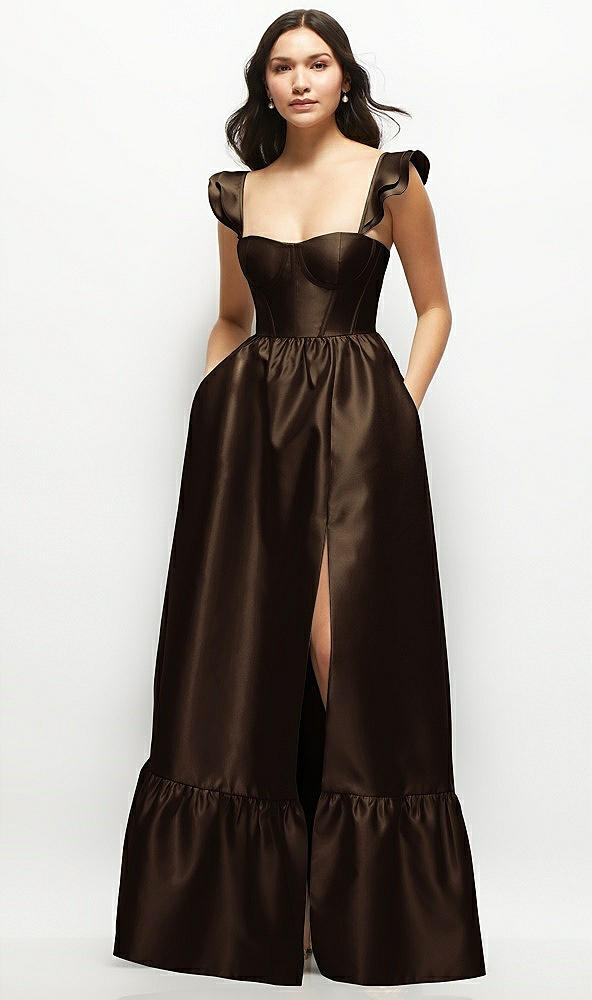 Front View - Espresso Satin Corset Maxi Dress with Ruffle Straps & Skirt