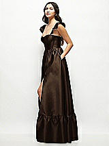 Side View Thumbnail - Espresso Satin Corset Maxi Dress with Ruffle Straps & Skirt