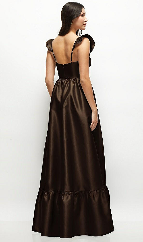 Back View - Espresso Satin Corset Maxi Dress with Ruffle Straps & Skirt