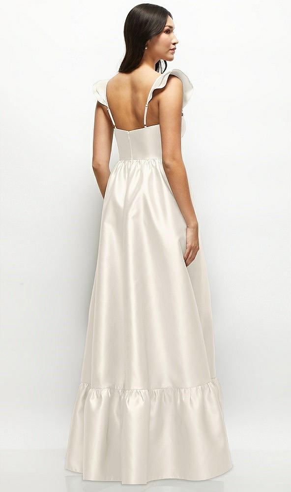 Back View - Ivory Satin Corset Maxi Dress with Ruffle Straps & Skirt