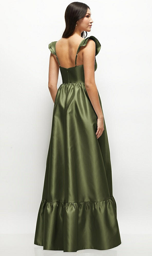 Back View - Olive Green Satin Corset Maxi Dress with Ruffle Straps & Skirt
