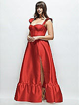 Alt View 2 Thumbnail - Poppy Red Satin Corset Maxi Dress with Ruffle Straps & Skirt