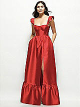 Front View Thumbnail - Poppy Red Satin Corset Maxi Dress with Ruffle Straps & Skirt