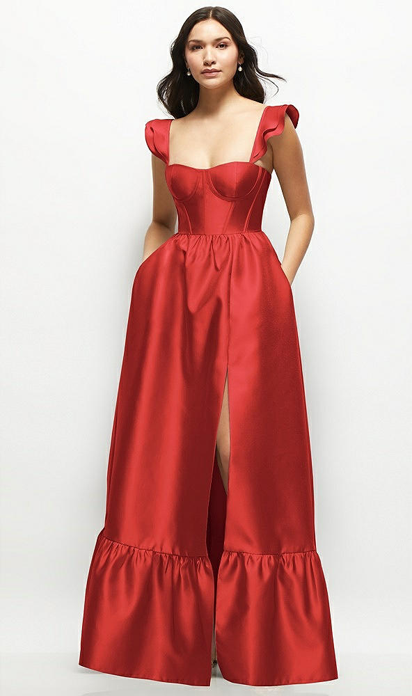 Front View - Poppy Red Satin Corset Maxi Dress with Ruffle Straps & Skirt
