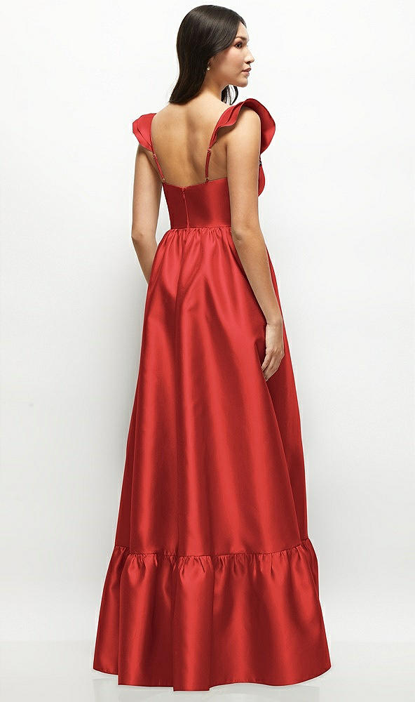 Back View - Poppy Red Satin Corset Maxi Dress with Ruffle Straps & Skirt