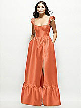 Front View Thumbnail - Portofino Orange Satin Corset Maxi Dress with Ruffle Straps & Skirt