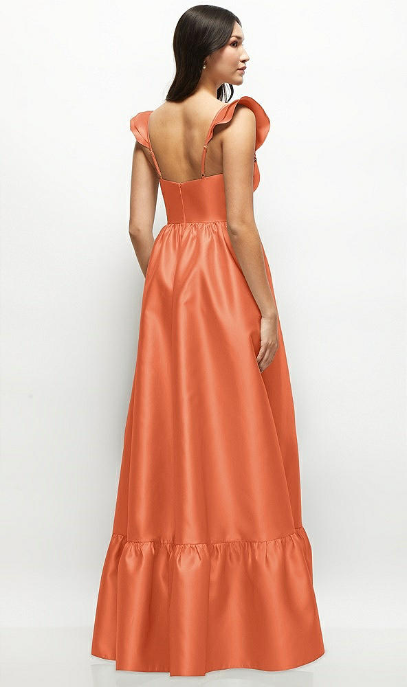 Back View - Portofino Orange Satin Corset Maxi Dress with Ruffle Straps & Skirt