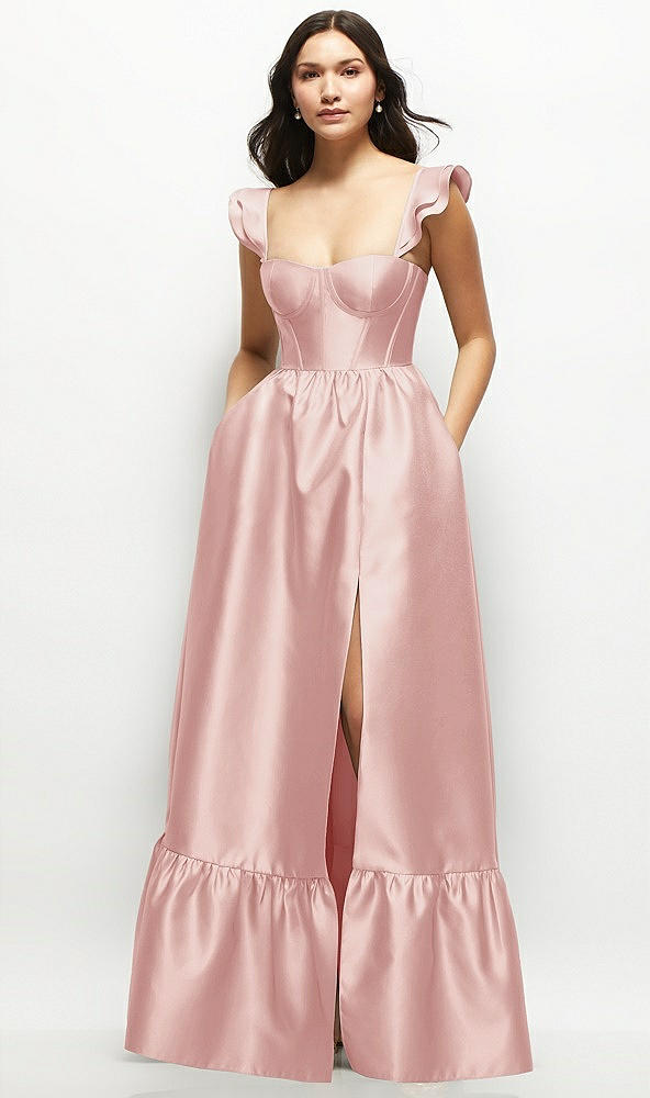 Front View - Rose Satin Corset Maxi Dress with Ruffle Straps & Skirt