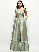 Front View Thumbnail - Sage Satin Corset Maxi Dress with Ruffle Straps & Skirt