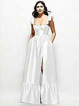 Front View Thumbnail - White Satin Corset Maxi Dress with Ruffle Straps & Skirt