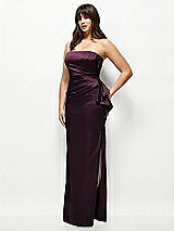 Side View Thumbnail - Deep Plum Strapless Draped Skirt Satin Maxi Dress with Cascade Ruffle