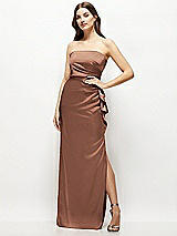 Alt View 1 Thumbnail - Cognac Strapless Draped Skirt Satin Maxi Dress with Cascade Ruffle