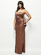 Side View Thumbnail - Cognac Strapless Draped Skirt Satin Maxi Dress with Cascade Ruffle