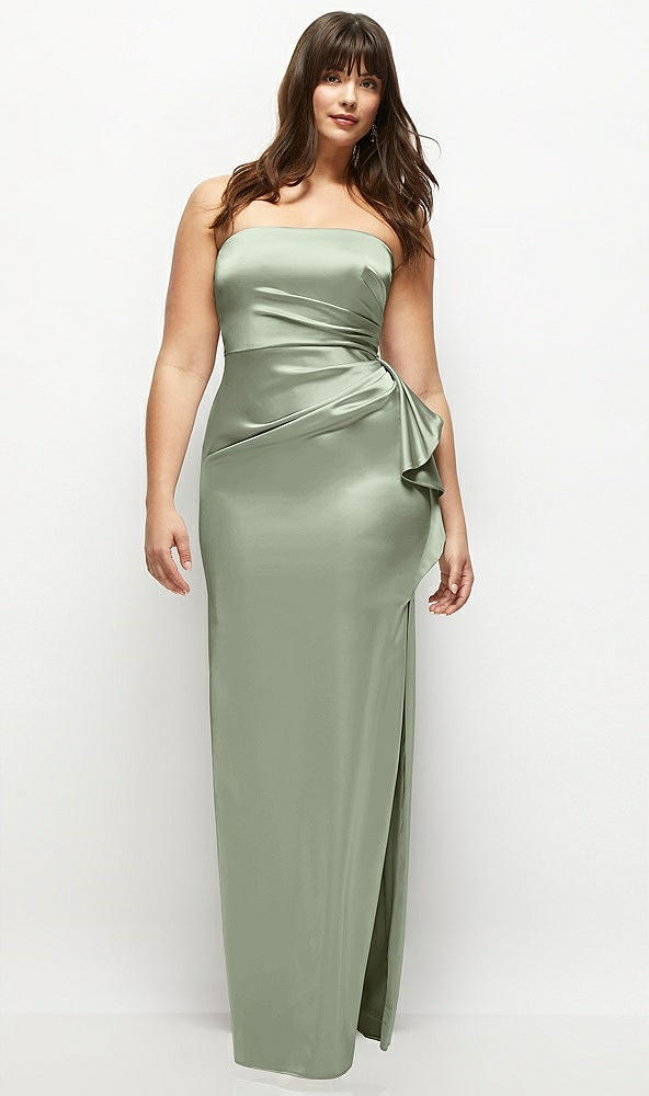 Front View - Sage Strapless Draped Skirt Satin Maxi Dress with Cascade Ruffle