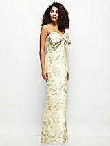 Side View Thumbnail - Butter Yellow Floral Strapless Floral Satin Column Maxi Dress with Oversized Bow