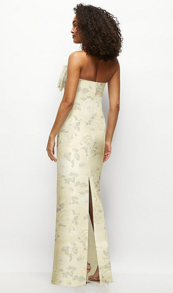 Back View - Butter Yellow Floral Strapless Floral Satin Column Maxi Dress with Oversized Bow