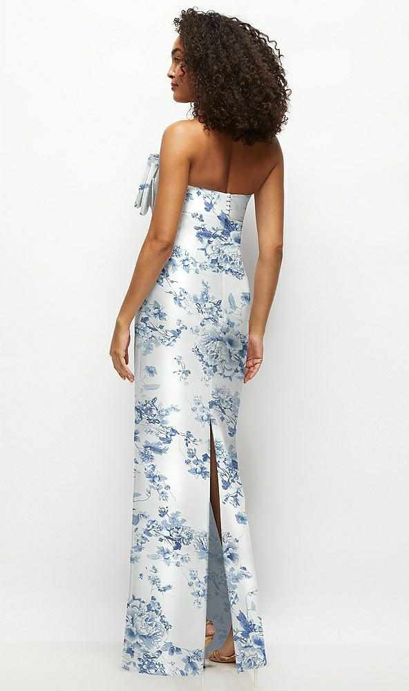 Back View - Cottage Rose Larkspur Strapless Floral Satin Column Maxi Dress with Oversized Bow
