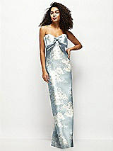 Front View Thumbnail - Porcelain Blue Seraphina Floral Strapless Floral Satin Column Maxi Dress with Oversized Bow
