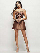 Front View Thumbnail - Cognac Strapless Bell Skirt Satin Mini Dress with Oversized Bow