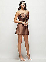 Side View Thumbnail - Cognac Strapless Bell Skirt Satin Mini Dress with Oversized Bow