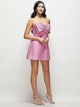 Side View Thumbnail - Powder Pink Strapless Bell Skirt Satin Mini Dress with Oversized Bow