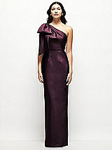 Front View Thumbnail - Deep Plum Oversized Bow One-Shoulder Satin Column Maxi Dress